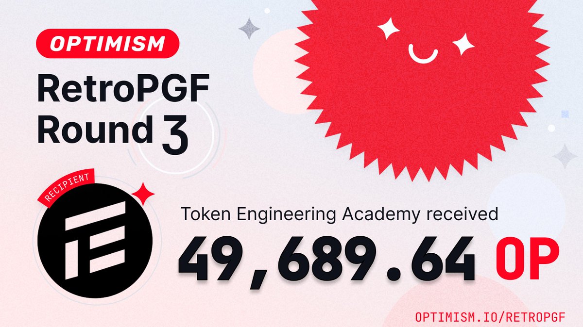 tokengineering's tweet photo. 🔥Amazing news! TE Academy received 49,689.64 OP tokens from @Optimism's latest #RetroPGF!
Thank you to all badgeholders for supporting our work creating #TokenEngineering #PublicGoods for the benefit of the broader #crypto ecosystem!
Subscribe to our #TEWeeklyReads newsletter below to learn more about our plans for 2024 ❤️🔥
https://t.co/D15mBGDCqi