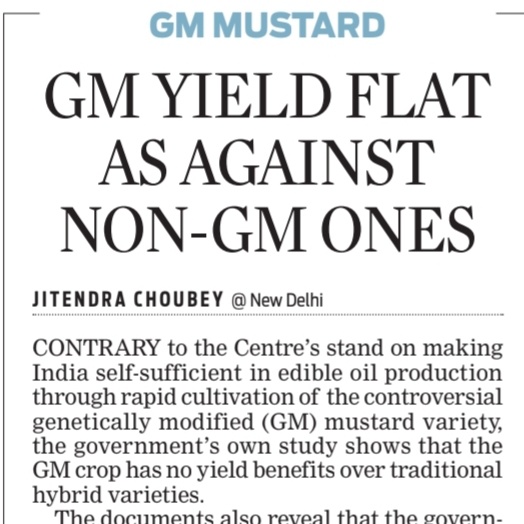 A #Thread on GMO
In a major blow to government’s stand on making India self-sufficient in #edibleoil through the use of #genetically #modified Mustard variety DMH-11, Govt’s study shows #GMO mustard variety has no yield benefits over non-GM varieties of hybrid #mustard.@GMWatch