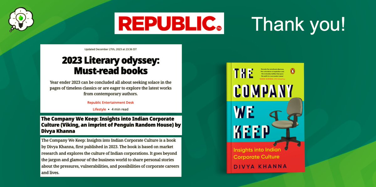 Thank you @republic! I'm thrilled to see my book on another list!

@PenguinIndia #thecompanywekeep #indiancorporateculture #bookboost #booktwt #writerslift #nonfiction #businessbooks #consumerinsights #mustreads #divyakhannadk #divyakhanna_dk