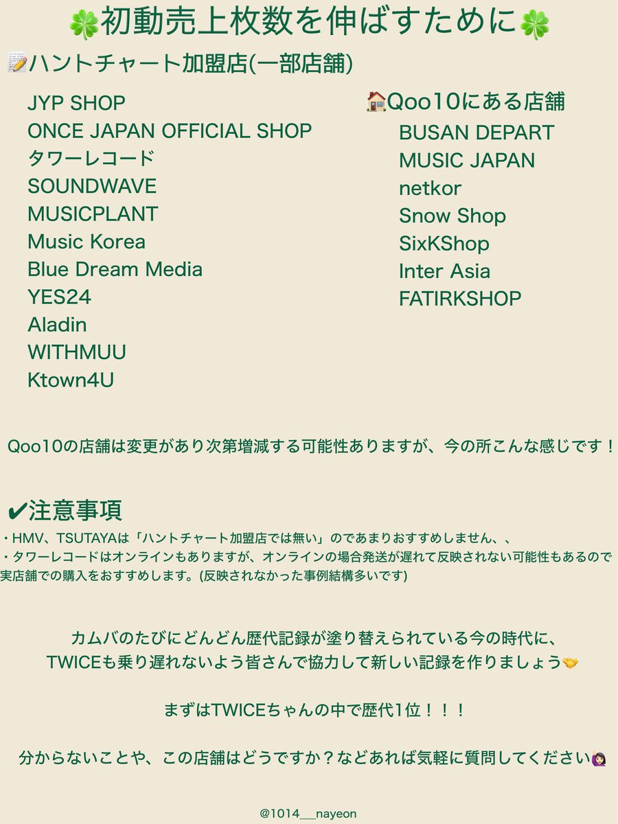 【TWICEの新しいアルバムを購入する方々へ】

初動売上に反映される「ハントチャート加盟店」から購入強くお願いします
前回多くのアルバムが反映されずに残念な結果を経験してます

カムバは初動売上がタイトル人気に直結します
一枚でも多く意味のあるアルバムが購入されるようご協力お願いします