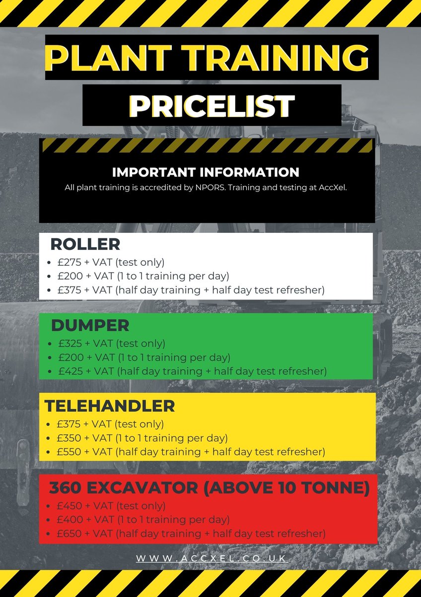 Have you seen our new plant training price list? 

Get in touch for all your plant operative requirements! 💚 💛 ❤️ 

#inspiretrainconnect 

<a href="/AccXel_UK/">AccXel</a>