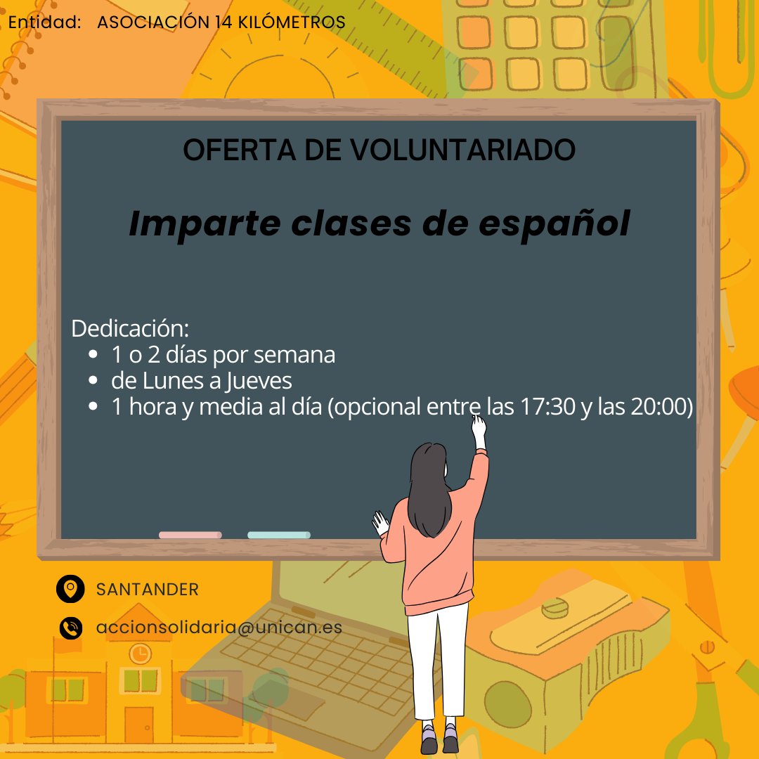 Oficina de Acción Solidaria (OAS) de UC (@uc_oas) on Twitter photo 🧑🏫🥰¡¡Anímate a participar en este voluntariado dando clases de español!! 👩🏫🥳
Aprende nuevas habilidades y contribuye a una causa social 👏👧🧑🦰
💌Mándanos un correo :
accionsolidaria@unican.es
Más información: 👇web.unican.es/unidades/ofici… 🧑🏫🥰¡¡Anímate a participar en este voluntariado dando clases de español!! 👩🏫🥳
Aprende nuevas habilidades y contribuye a una causa social 👏👧🧑🦰
💌Mándanos un correo :
accionsolidaria@unican.es
Más información: 👇web.unican.es/unidades/ofici…