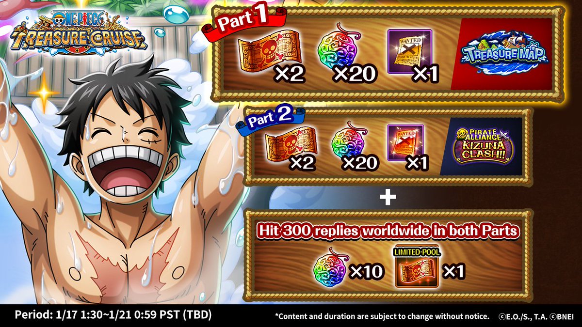 ONE_PIECE_TC's tweet image. OPTCMyCrew Campaign - Part 1 🗺️
Share the team that you will use in the next Treasure Map using the #OPTC hashtag!

If we reach 300 replies (GLB) everyone gets 20 Rainbow Gems, 2 Special Rare Recruits and 1 Rare INT Level Limit Break Wanted Poster✨

#ONEPIECE #OPTC