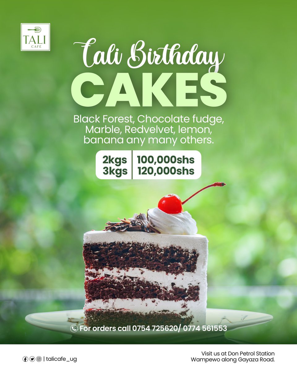 TALI GRADUATION CAKES
instagram.com/talicafe_ug?ig…

In a normal day today’s setting we celebrate special events with cakes. But at Tali we get CAKEY any day and everyday. Celebrate your graduation with a special cake from us. We love the taste of Red Velvet, chocolate, Black Forest or