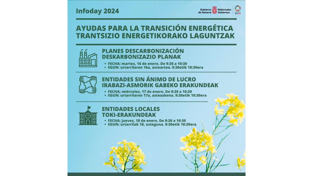 Ekonomia eta Enpresa Garapenak #TrantsitzioEnergetiko -ko laguntzen inguruko webinarioak 🖥️ antolatu ditu

➡️lifenadapta.navarra.es/es/-/webinar-t…

#HCCN #KLINA #NafarroaGreen #LIFEProgramme #LIFEproject #Egokitzapena #Ingurumena #Arintzea #KlimaAldaketa