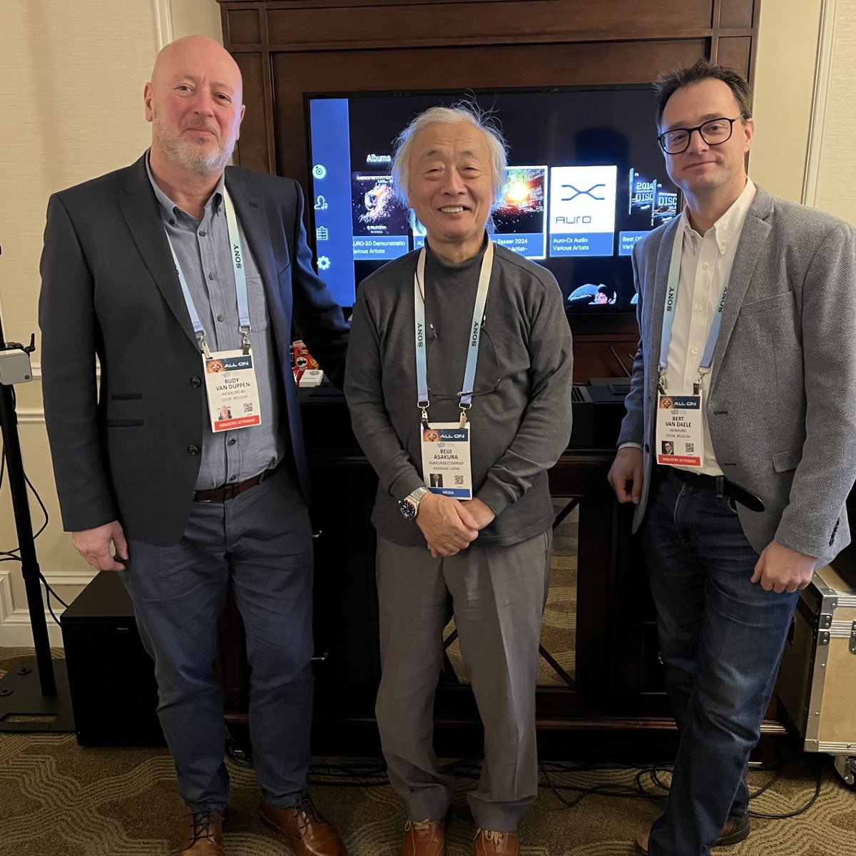 Auro3D's tweet photo. We are grateful and honored to have met with the esteemed author and journalist,  @ReijiAsakura, to show him the new AURO-CX immersive audio streaming codec firsthand! #CES2024 #CES #immersiveaudio #nextgenaudio #surroundsound #streaming #streamingaudio #AURO3D https://t.co/Pk66NQ6nLW