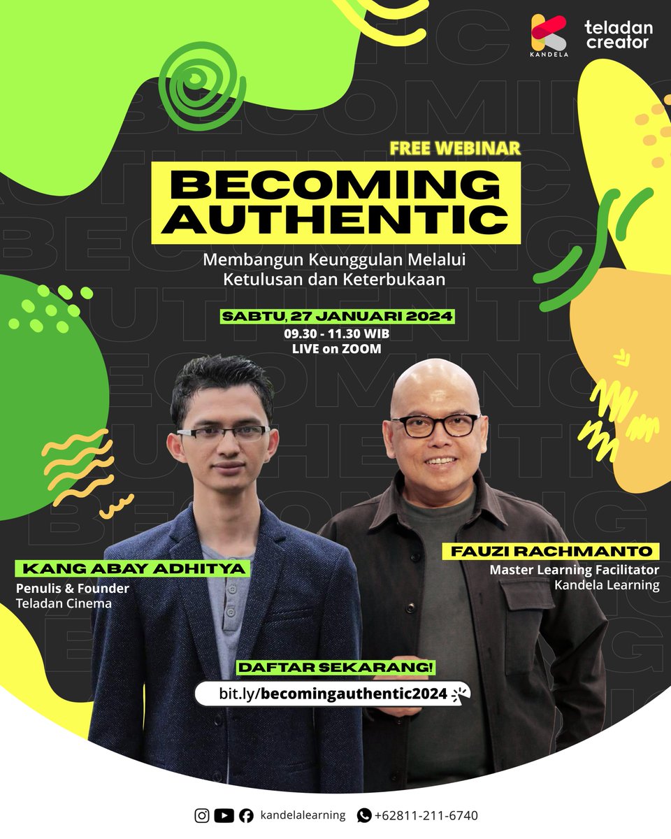 🚨 FREE WEBINAR

Becoming Authentic: Membangun Keunggulan Melalui Ketulusan dan Keterbukaan ✨
🗓️ 27 Januari 2024
🕤 09.30-11.30 WIB

🏆 Temukan keunggulan diri dengan menjadi otentik
💡 Belajar keterbukaan untuk menciptakan budaya inovasi

Daftar di bit.ly/becomingauthen… 👈