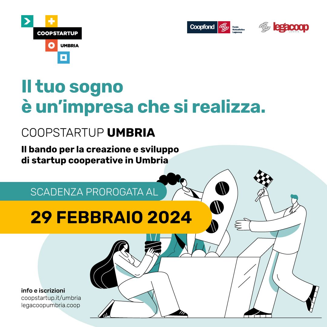La scadenza del bando #Coopstartup Umbria è stata prorogata al 29 febbraio 2024.
*
Per partecipare al bando e realizzare il tuo sogno d'impresa cooperativa:
coopstartup.it/umbria