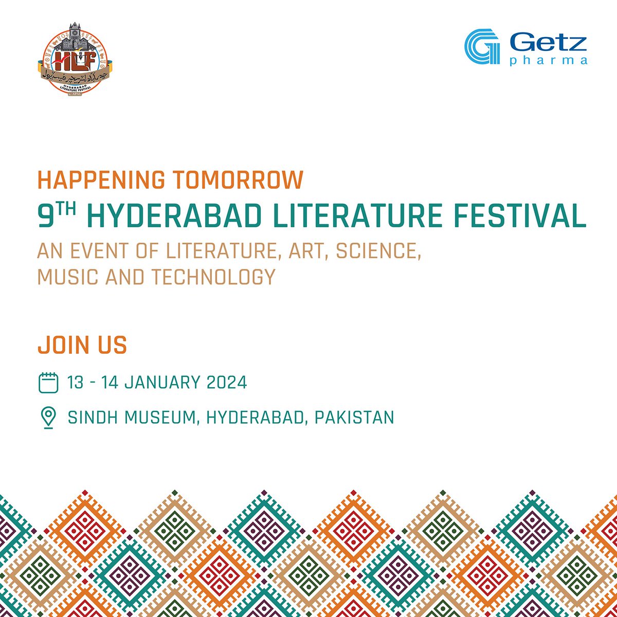 Happening tomorrow! Join us at the 9th Hyderabad Literature Festival, happening from 13 to 14 January 2024, for a weekend among literature enthusiasts. #GetzPharma #HLF9