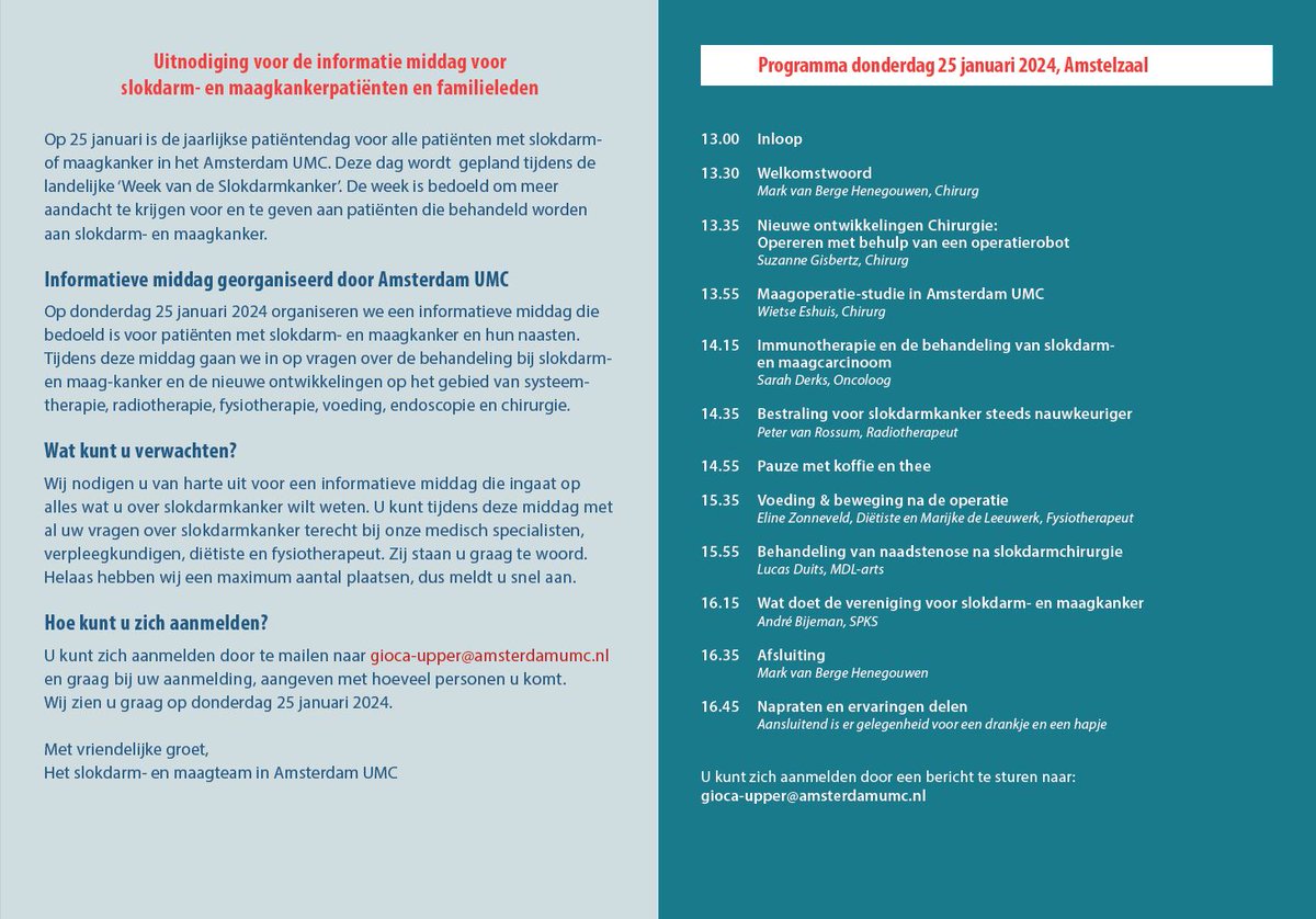 Op donderdagmiddag 25 januari is, van 13:30 tot 16:45uur in het <a href="/amsterdamumc/">Amsterdam UMC</a> , onze jaarlijkse patiëntenmiddag met informatieve voordrachten tijdens een interactieve webinar voor patiënten met #slokdarmkanker of #maagkanker. Kijk voor het programma en aanmelden op de flyer.