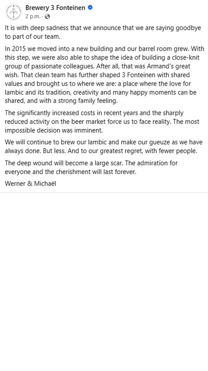 Very sad to read this news from <a href="/3Fonteinen/">3 Fonteinen</a> . Hard times indeed for all breweries. Many of those affected by this are friends so I feel it deeply.