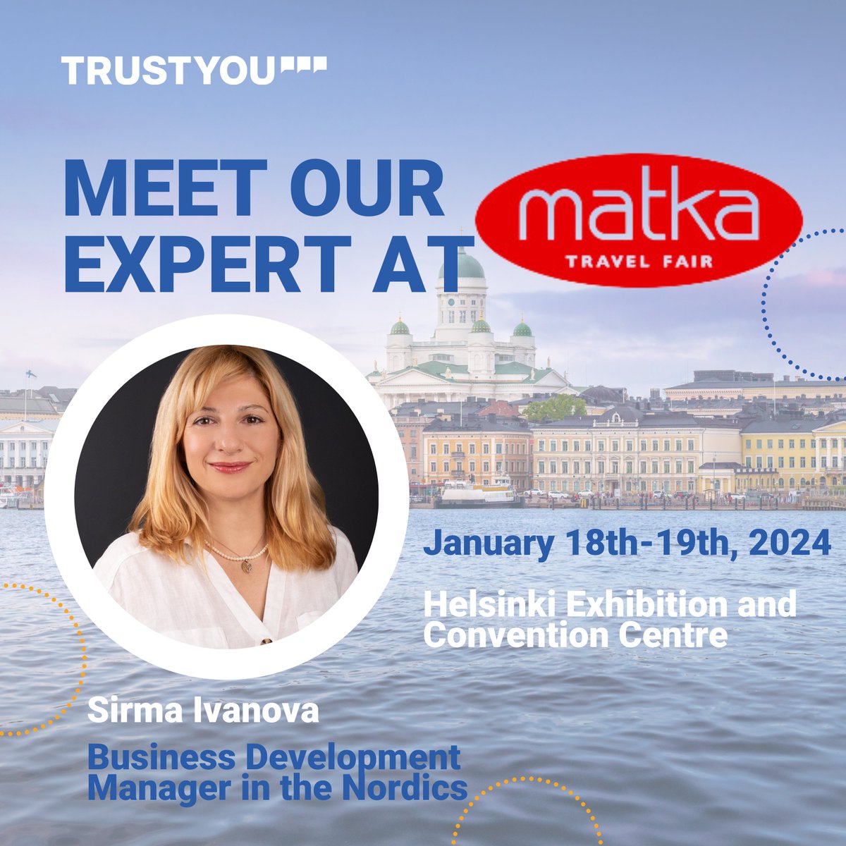 🌟 Embrace the Nordic spirit at Matka Nordic Travel Fair in Helsinki and say hello to our Business Development Manager for the Nordics, Sirma Ivanova, who will attend the event between January 18th - 19th.👋 #TrustYou #TrustYouData #Matka2024 #MatkaTravelFair #HelsinkiEvents 🌍✨