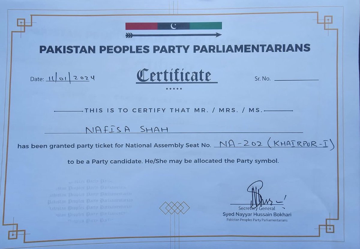 Nafisa Shah (@shahnafisa) on Twitter photo I received my ticket for #NA202 from the Party today. Once again, am thankful to Chairman #PPP <a href="/BBhuttoZardari/">BilawalBhuttoZardari</a>
President PPPP #AsifAliZardari and
<a href="/FaryalTalpurPk/">Faryal Talpur</a>
for giving me the opportunity to serve the people of my constituency for another term. I am looking forward to I received my ticket for #NA202 from the Party today. Once again, am thankful to Chairman #PPP <a href="/BBhuttoZardari/">BilawalBhuttoZardari</a>
President PPPP #AsifAliZardari and
<a href="/FaryalTalpurPk/">Faryal Talpur</a>
for giving me the opportunity to serve the people of my constituency for another term. I am looking forward to