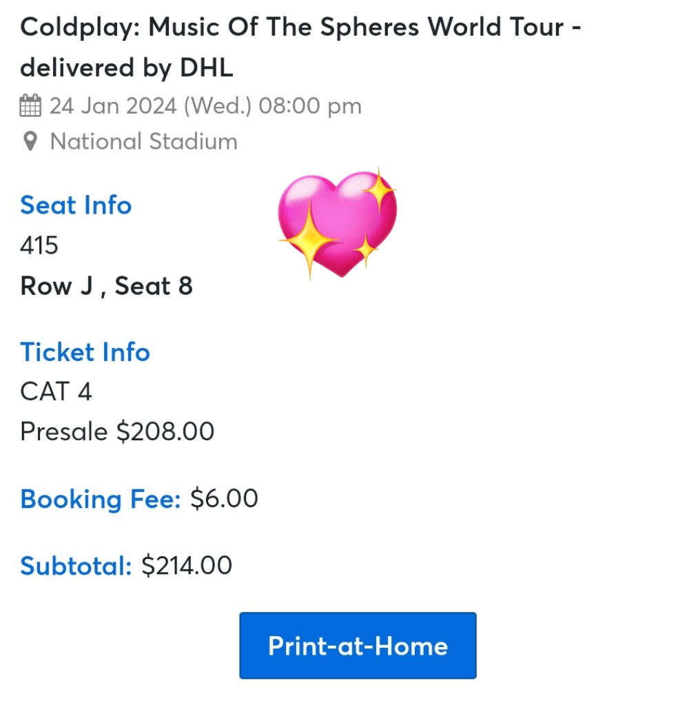 wndyjulia's tweet photo. WTS / Want To Sell Underprice Ticket

🎫 Coldplay In Singapore day 2 (24 Jan 2024)
🎫 1tix, Cat 4
🎫 Print at Home
🎫 Proof ✅
🎫 Harga/Price, IDR 2.000.000

#COLDPLAYinSingapore #wtscoldplay #zonajajan #zonauang https://t.co/BpWyz6rldu