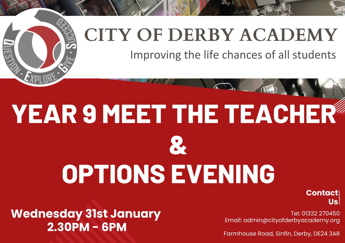 Year 9 Meet the Teacher and Options Evening will take place on Wednesday 31st. This is a chance for parents to discuss your child's academic progress and an opportunity to find out more on the range of subjects being offered to students entering Year 10.