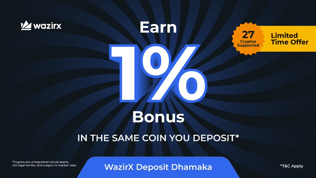 WazirXDepositDhamaka ends today at 10 PM IST 🕙 Last few hours left,  Deposit Crypto & Earn 1 % Bonus in the same coin now 🚀