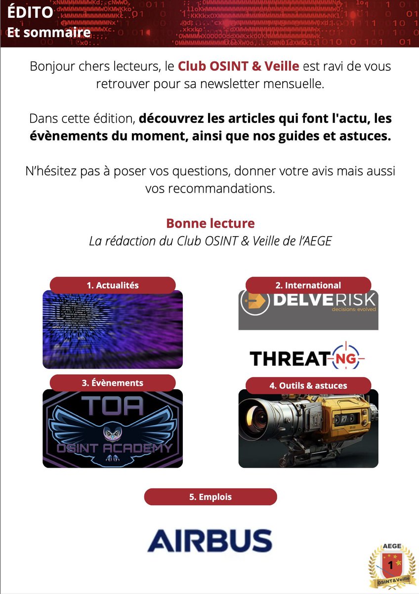 ✨Le Club #OSINT &amp; #Veille inaugure 2024 avec le retour de sa newsletter mensuelle✨

🦉 Le @MagOSINT a déniché pour vous :
- les actus/évènements immanquables du mois de janvier
- les offres d’emploi du moment
- des outils pour vos investigations &amp; #CTF
↪️aege.fr/news/mag-osint…