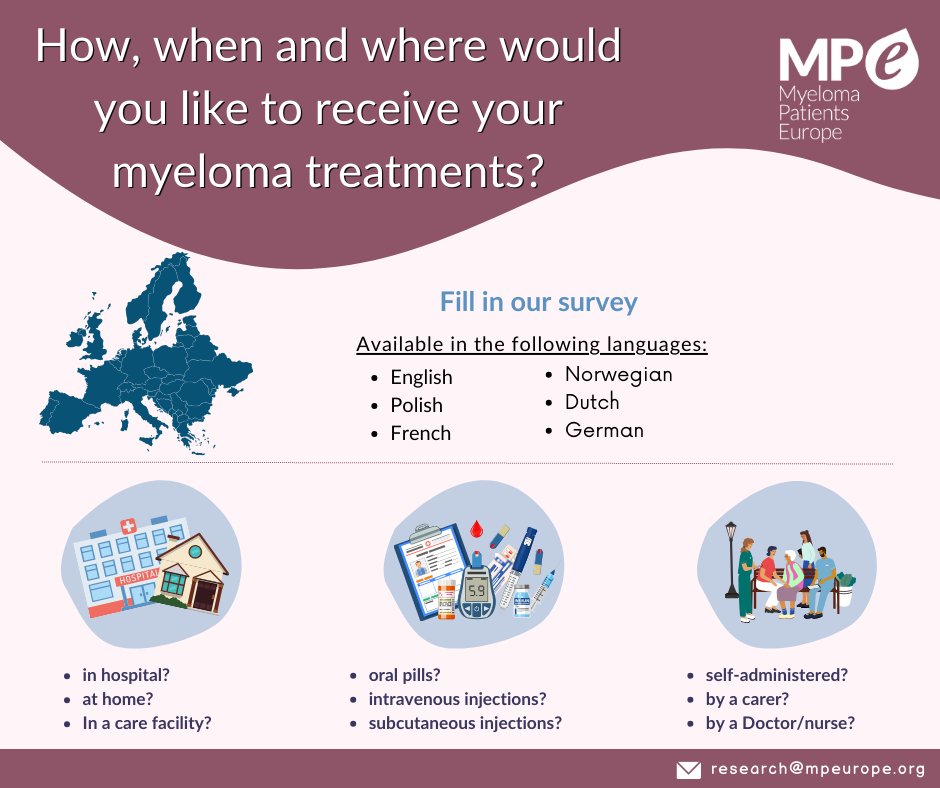 European myeloma patients and caregivers, we want your input! Join us in exploring preferences for myeloma treatment administration. The survey is open across Europe in multiple languages, including English, Polish, Norwegian, French, Dutch and German. mpe.getfeedback.com/treatmentsurvey