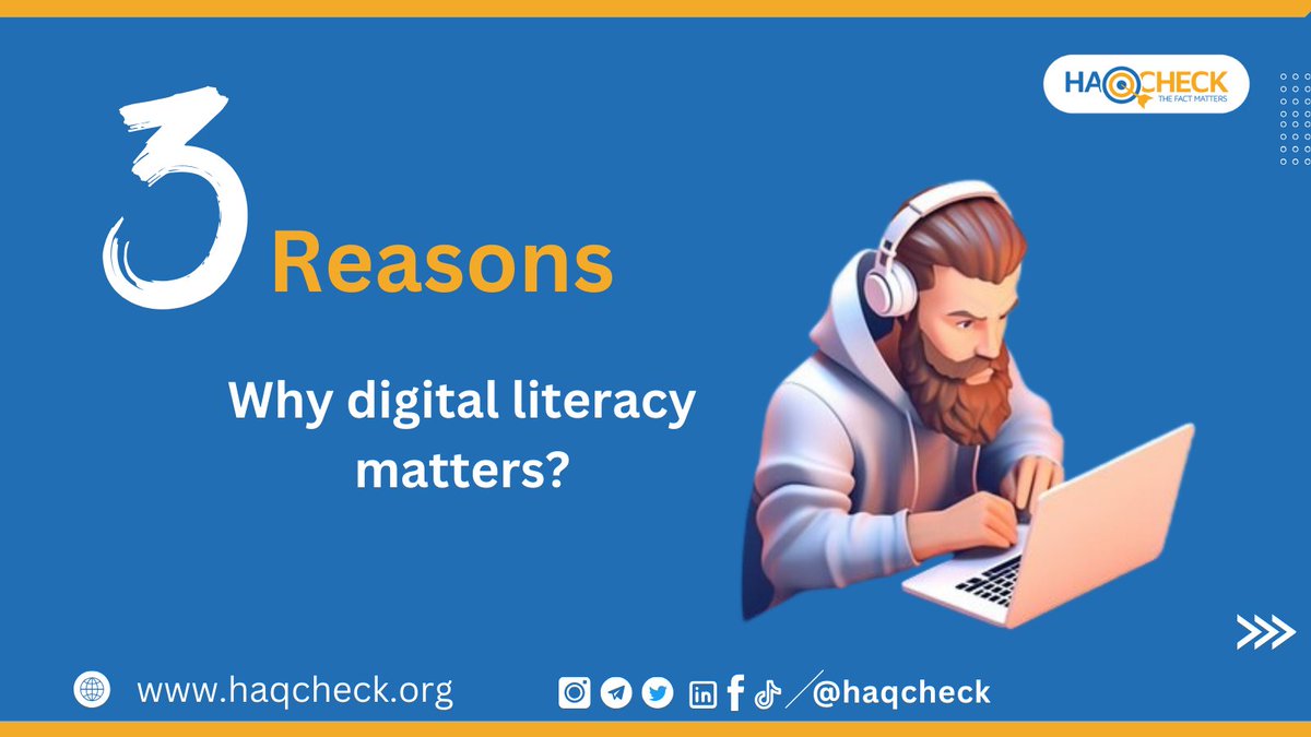HaqCheck's tweet photo. #Digitalliteracy is crucial as our lives move online.
Here are 3 key reasons why:
✔️It provides access to education, jobs & services.
✔️Enables verifying information for the right choices.
✔️Keeps you safe from threats like fraud & privacy breaches.
#haqcheck #medialiteracy https://t.co/XOgX8QwTA7