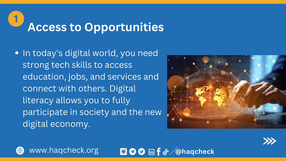 HaqCheck's tweet photo. #Digitalliteracy is crucial as our lives move online.
Here are 3 key reasons why:
✔️It provides access to education, jobs & services.
✔️Enables verifying information for the right choices.
✔️Keeps you safe from threats like fraud & privacy breaches.
#haqcheck #medialiteracy https://t.co/XOgX8QwTA7