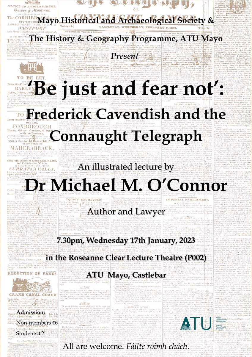 Our evening lecture series resumes next Weds at @ATU_Mayo with Dr Michael O'Connor discussing Frederick Cavendish and the @thecontel. All welcome. @ATU_GalwayCity @OFlynnATU @justinkerr123 @Mayo_History