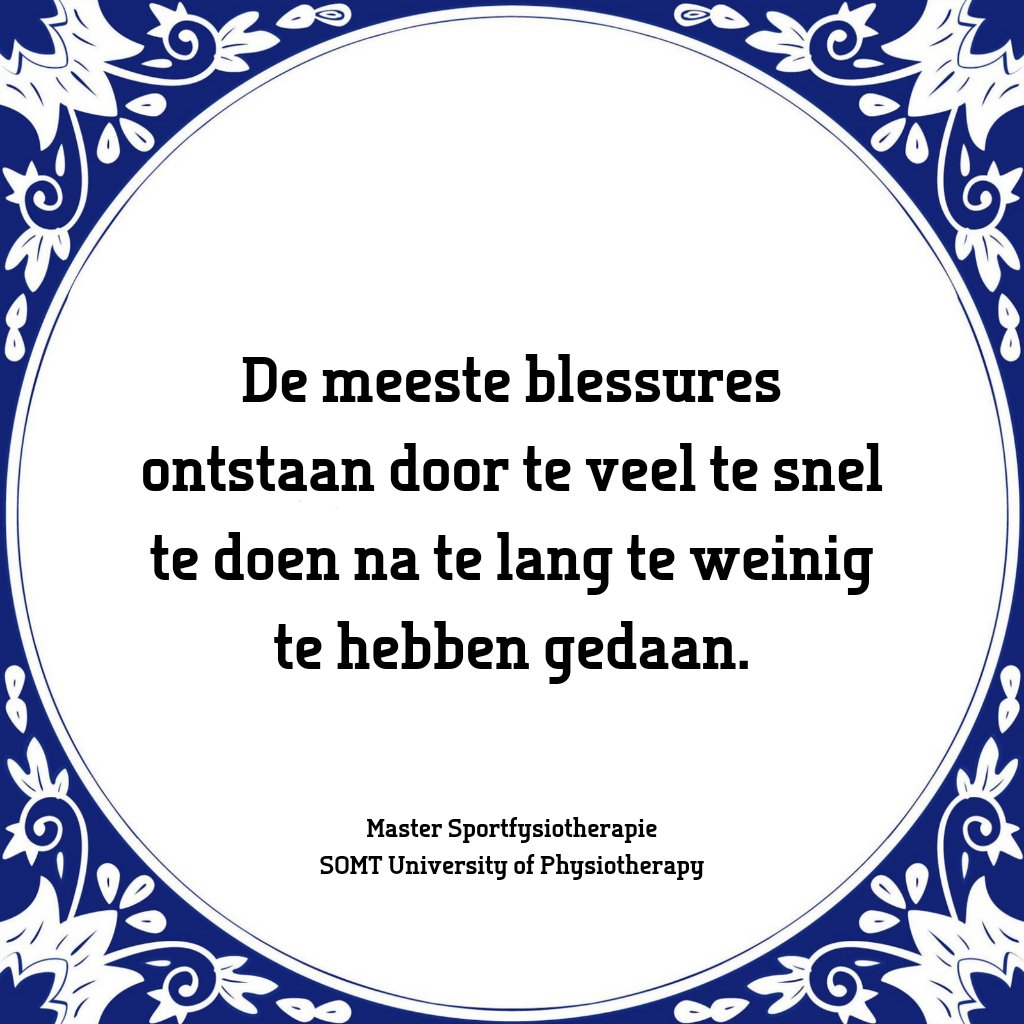 SOMT_UoP's tweet image. #Tegeltjeswijsheden | We vroegen onze studenten en docenten van de masteropleiding Sportfysiotherapie naar treffende uitspraken over het vak, de opleiding, elkaar en over SOMT. Open dag: somt.nl/actueel/voorli…
#somt #masteropleiding #fysiotherapie #sportfysiotherapie