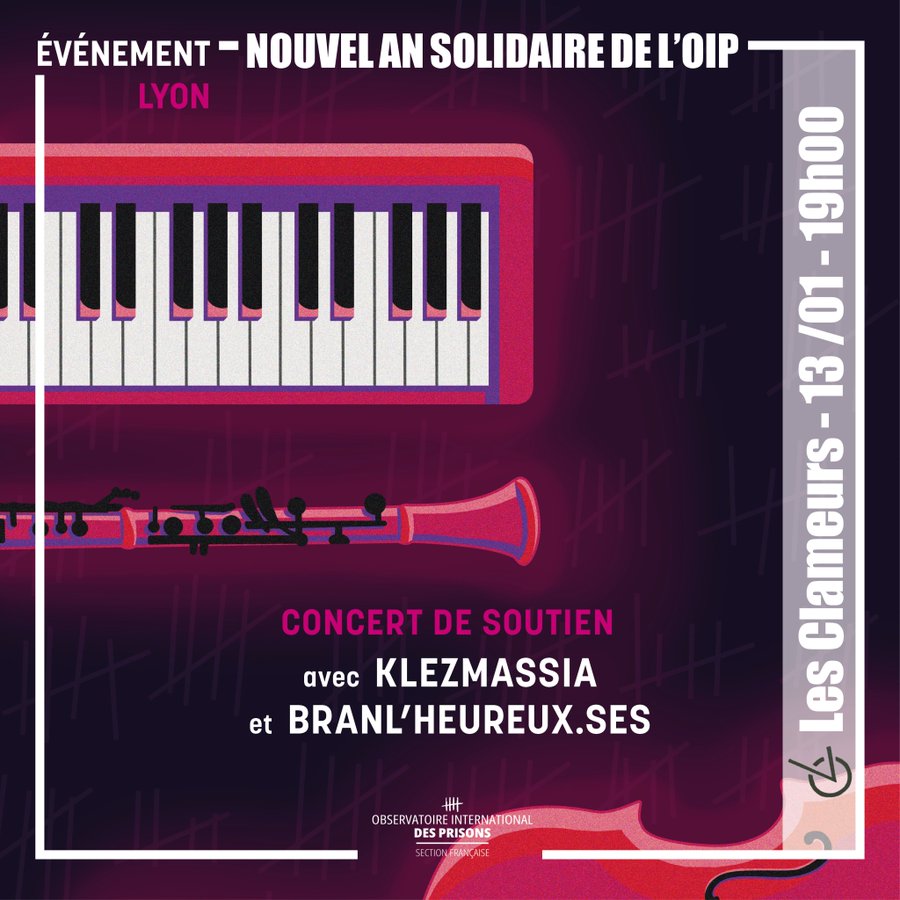 CharlineBecker_'s tweet photo. 📅Nouvel An Solidaire de l’OIP, c'est demain !

Au programme : 
🪗concerts
🥘repas à prix libre pour soutenir l’association 
🗨️échanges sur la situation carcérale en France   

Infos pratiques : 
🗓️Samedi 13 janvier
⌚19h00 à 22h00 
📍Bar Les Clameurs - Lyon 7

@OIP_sectionfr https://t.co/uEIzCaiDNV