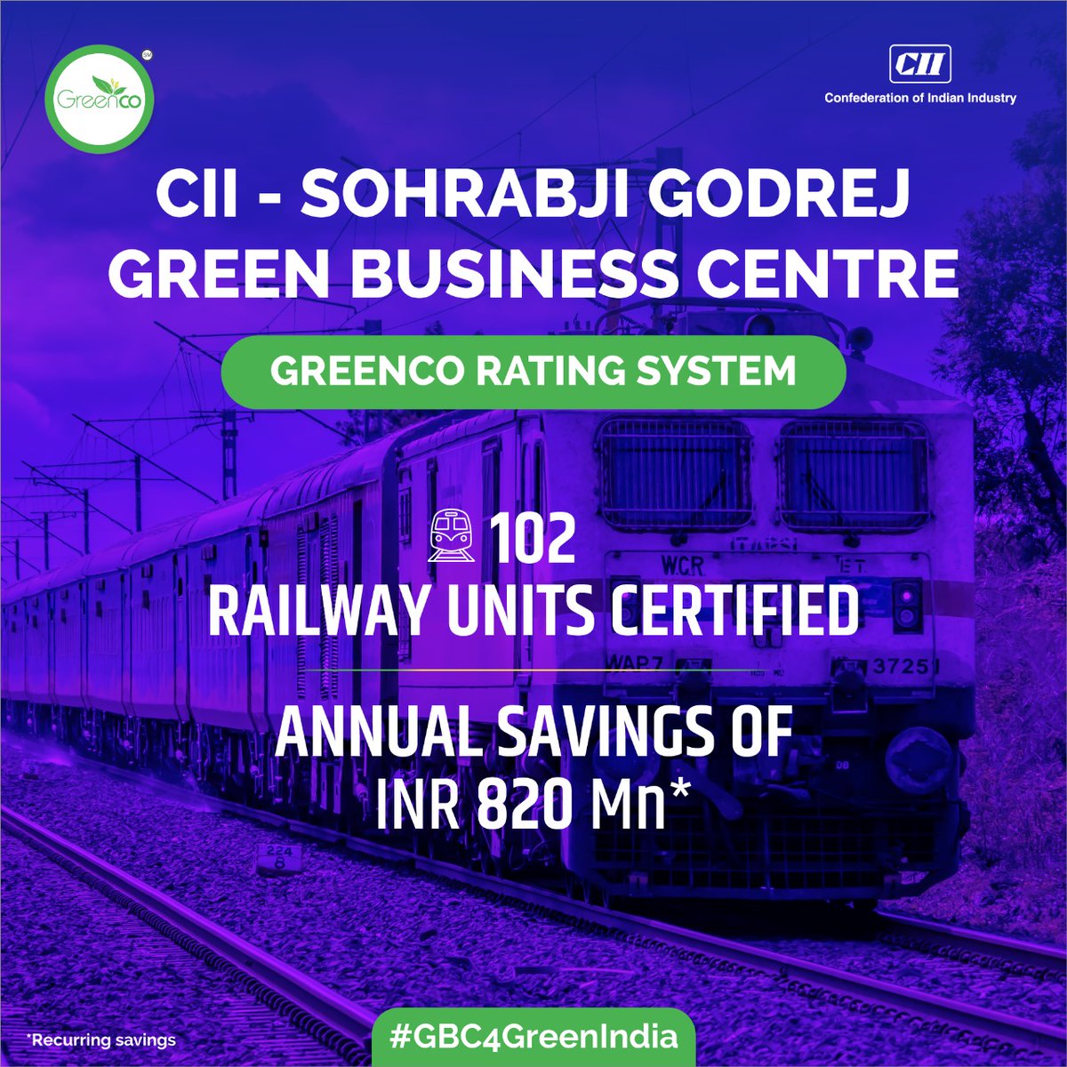 FollowCII's tweet photo. A leap towards a greener and sustainable future!
#IndianRailways have adopted the #GreenCoRating system, a pioneering global framework for green company ratings. Spearheading the path to #NetZero, this initiative has already saved Rs 820 million* and certified 102 railway units.
Learn more! https://t.co/yf1CZ8QWCu or reach out to us!
#Sustainability #CII4Sustainability #CIIGBC #GreenBusinesses #GBC4GreenIndia
#CIICoEs
@CII_GBC @IGBConline @CII_GreenCo @RailMinIndia