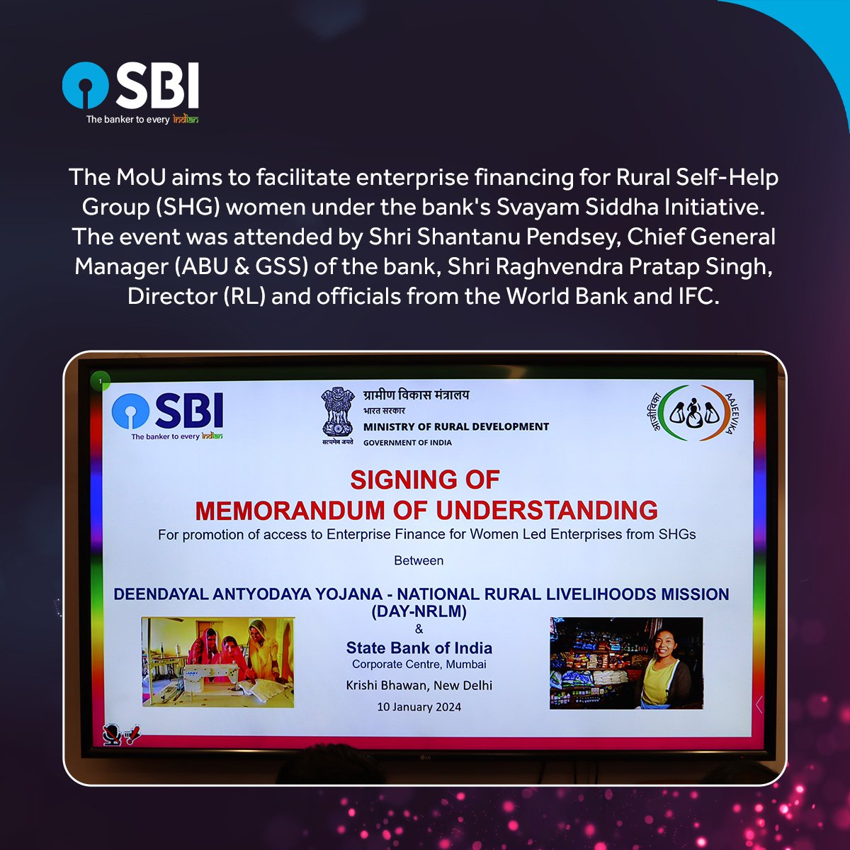 TheOfficialSBI's tweet photo. Empowering Rural Women!
An impactful MoU was exchanged at Krishi Bhavan, New Delhi by Shri Charanjit Singh, Additional Secretary of NRLM and Shri Surender Rana, Deputy Managing Director(Retail-ASF) facilitating enterprise financing for Rural Self-Help Group women under the bank's Svayam Siddha Initiative.

#SBI #SvayamSiddha #DeshKaFan #TheBankerToEveryIndian #NewInitiative