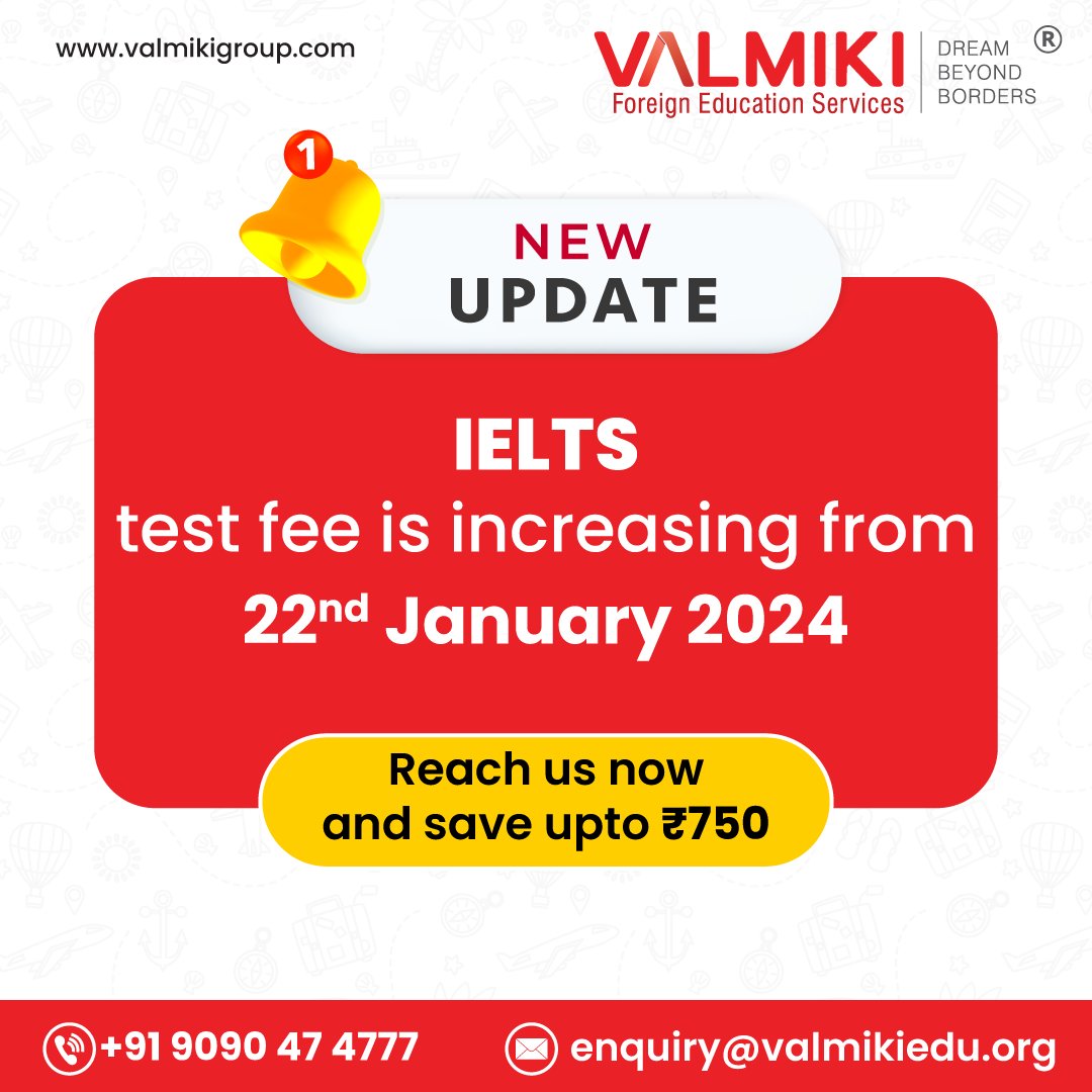 valmikitweet's tweet image. Heads up! #IELTS fees are going up from January 22, 2024. Act now &amp;amp; register with us to enjoy savings of up to ₹750. Don't miss this limited-time offer!

valmikigroup.com

#FeeIncrease #IELTSNews #IELTSRegistration #NationalYouthDay #students #studyabroad #valmikigroup
