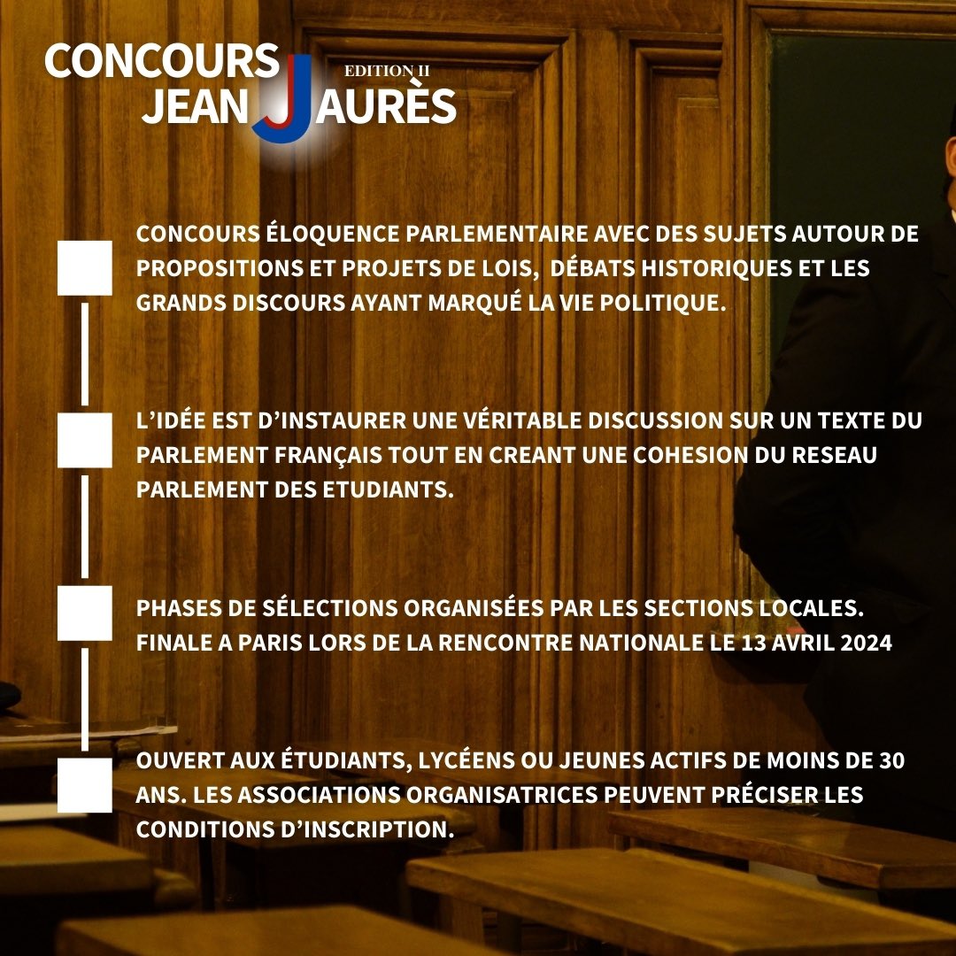 ParlementEtudia's tweet photo. 🎙️✨ Concours d'Éloquence Parlementaire Jean Jaurès - Edition II 

Partout en France, participez aux sélections locales et tentez de devenir le gagnant ou la gagnante de votre section pour accéder à la grande finale nationale le 13/04/2024 🇫🇷🌟 https://t.co/64WXskrwmK