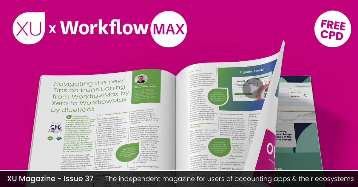 xumagazine's tweet image. Don't miss WorkflowMax's article in the latest Issue of XU Magazine - they've detailed some useful tips on transitioning from WorkflowMax by Xero to WorkflowMax by BlueRock ✅ 🙌
Find out more in their article here 👉 xu-hub.com/news/navigatin…
#XUMagazineIssue37 #WorkflowMax