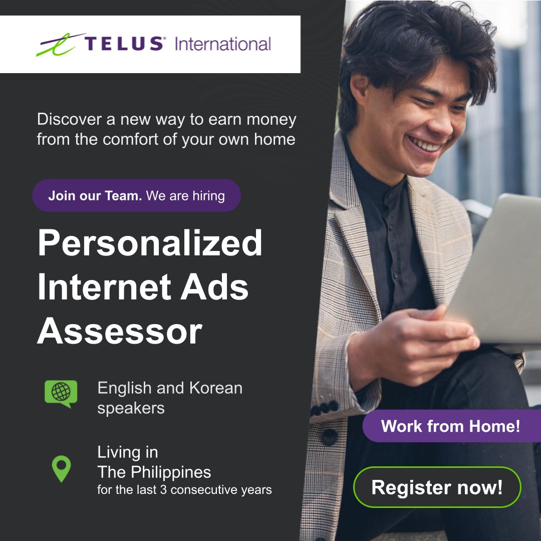 Dreaming of work-life balance? That’s possible with our part-time remote project in the Philippines.
Join our AI community as a Personalized Internet Ads Assessor and improve online advertisements.

Sounds interesting? Register today:
telusinternational.headway.ai/searchResults/…