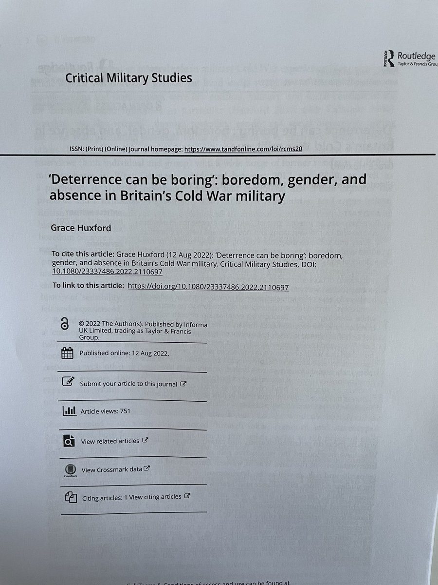 On Wednesday we read @Grace_Huxford ‘s #oralhistory article about ‘military boredom’, discussing the definition of boredom, the gendered &amp; classed nature of acceptable boredom and cultural and relational aspects of boredom. It wasn’t boring!!!