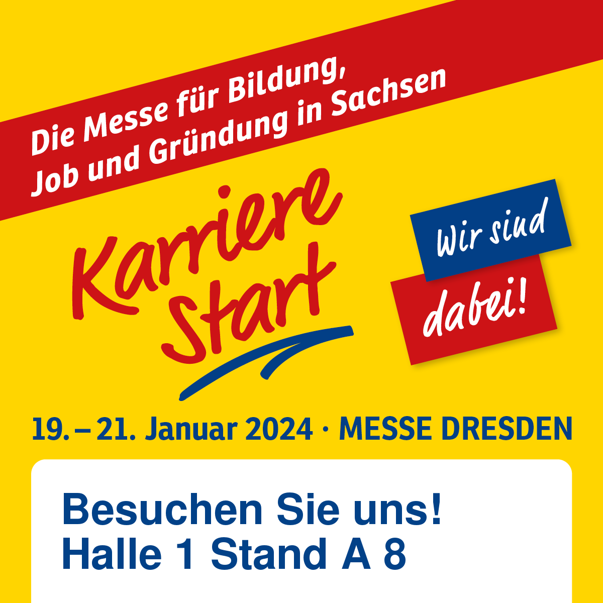 Unser Tipp fürs nächste Wochenende: Ein Besuch auf der #KarriereStart in der Messe Dresden. Schaut gern in Halle 1 am Stand A 8 vorbei. Wir sind vom 19. – 21.01. vor Ort. messe-karrierestart.de #Karrieremesse #itjobs