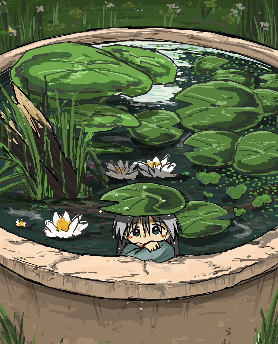 lily pad solo 1girl flower water grey hair outdoors  illustration images