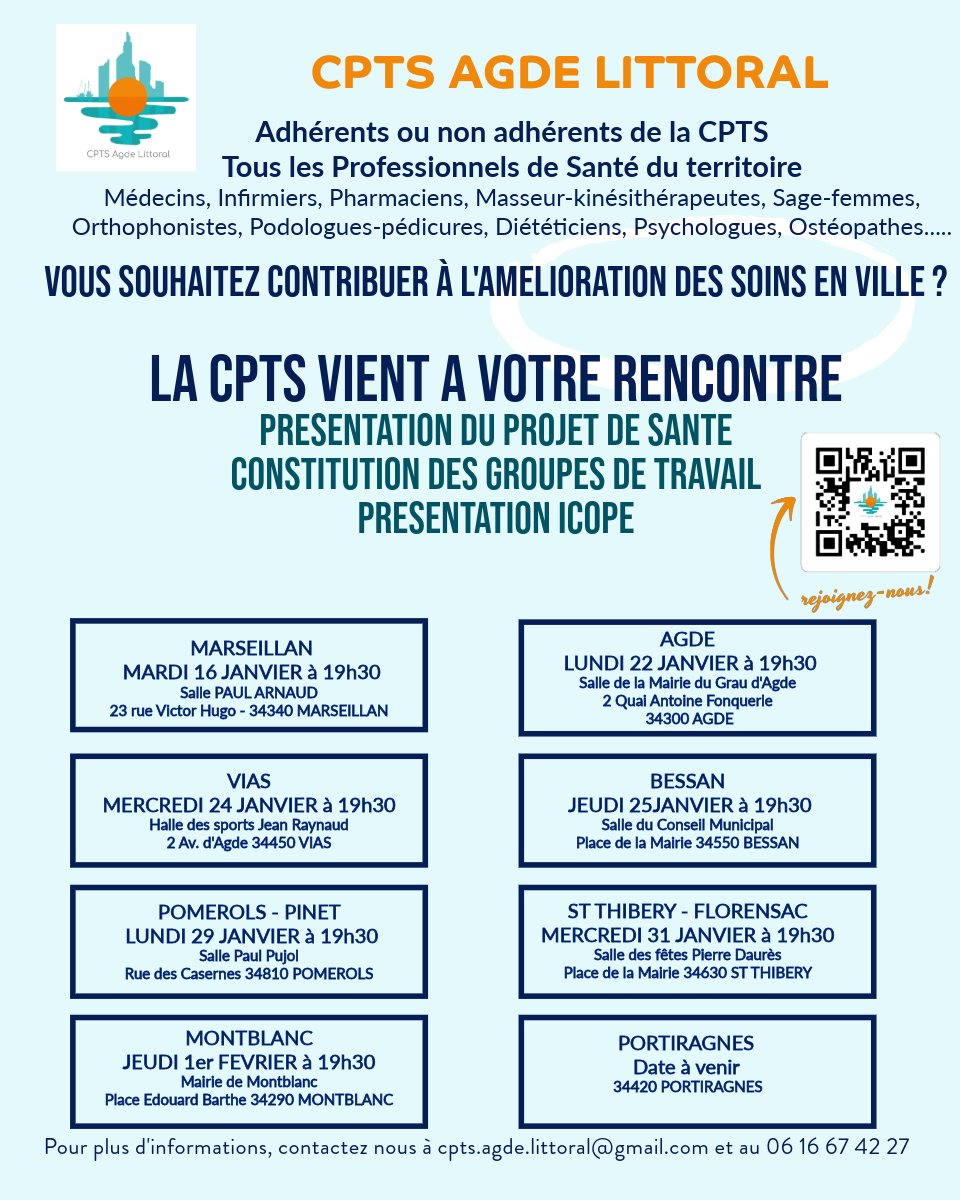 AgdeCpts's tweet photo. C'est la rentrée pour la CPTS Agde Littoral!! Notre association regroupe les professionnels de santé libéraux du territoire qui se mobilisent pour améliorer les soins en ville.  Toutes nos missions démarrent en ce début d'année 2024. Nous venons à votre rencontre. https://t.co/b69wgY18fp