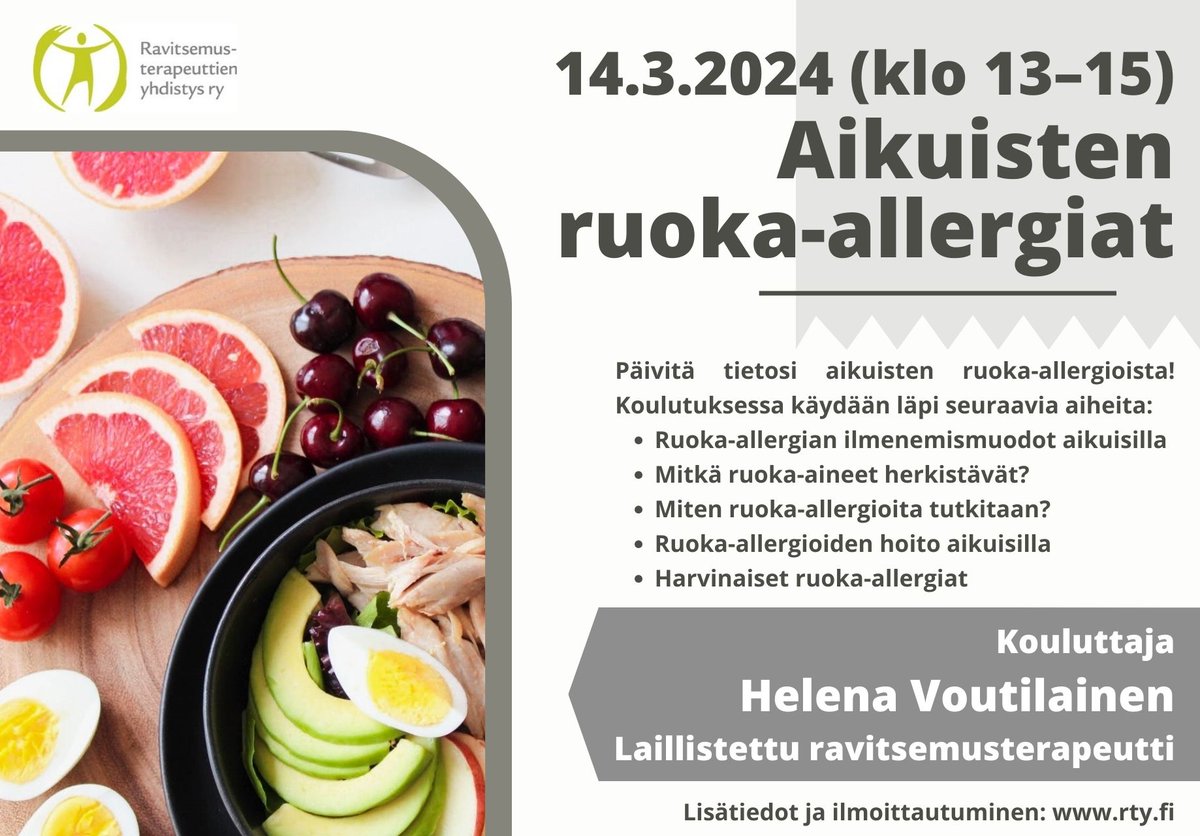 RTY:n koulutuskalenterin avaa tänä vuonna Aikuisten ruoka-allergiat -webinaari 14.3.2024! Kouluttajana webinaarissa toimii laillistettu ravitsemusterapeutti Helena Voutilainen. Tutustu koulutukseen ja ilmoittaudu mukaan verkkosivuillamme:
rty.fi/toiminta/muu-k…

#Ravitsemus