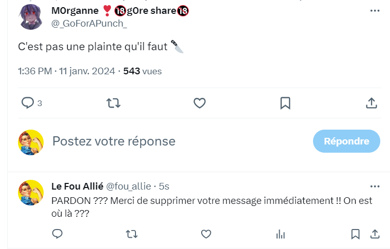 On va mettre les choses au clair. On est où là en fait ??? Pour me défendre, vous partagez des menaces de mort ??? Je préviens, je bloque à vue ET je signale ce genre de messages dégueulasses à Pharos. Vous me faites honte, vraiment !!