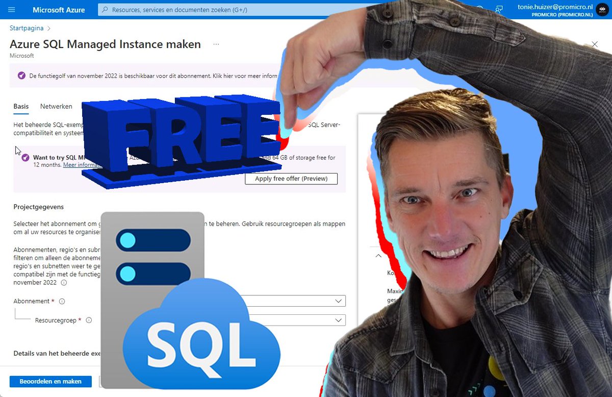 promicroNL's tweet image. youtu.be/H0G__gBkjWE
A FREE @Microsoft @Azure SQL Managed instance?
Is it really that easy?
Yes, in just two steps:
1. Find Azure SQL Managed Instance, in Azure Portal
2. Accept the offer in the banner and save thousands of dollars!
#azuresql #SQLMI