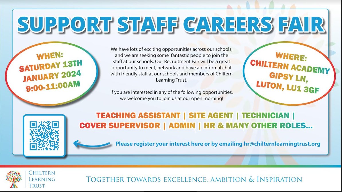Looking for a career in education? Come along to Chiltern Academy tomorrow for the <a href="/ChilternLT/">Chiltern Learning Trust - Bedfordshire</a> Careers Fair! Take a look at all the teaching, leadership and support roles available across the Trust and speak to current Trust members to find out about working in one of our schools