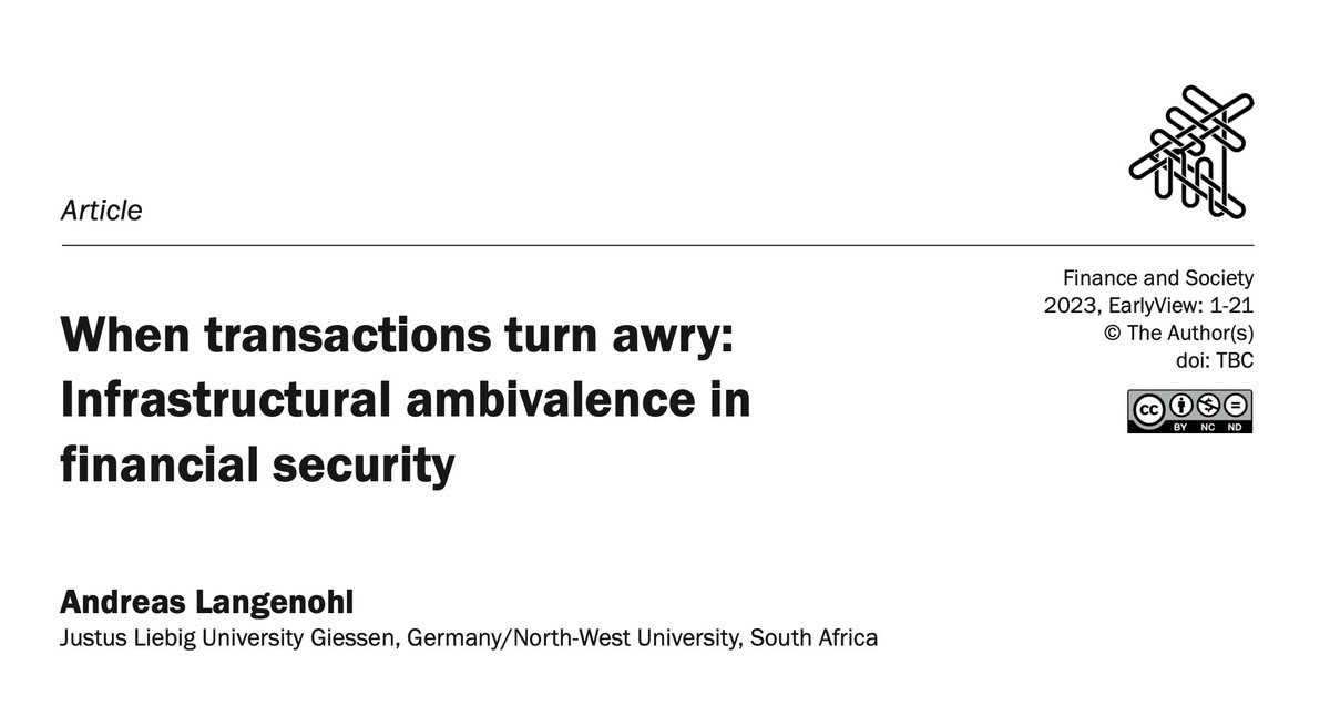 Article out on EarlyView! 

Andreas Langenohl on financial transactions as infrastructure. 

Find it here: financeandsociety.ed.ac.uk/new-articles