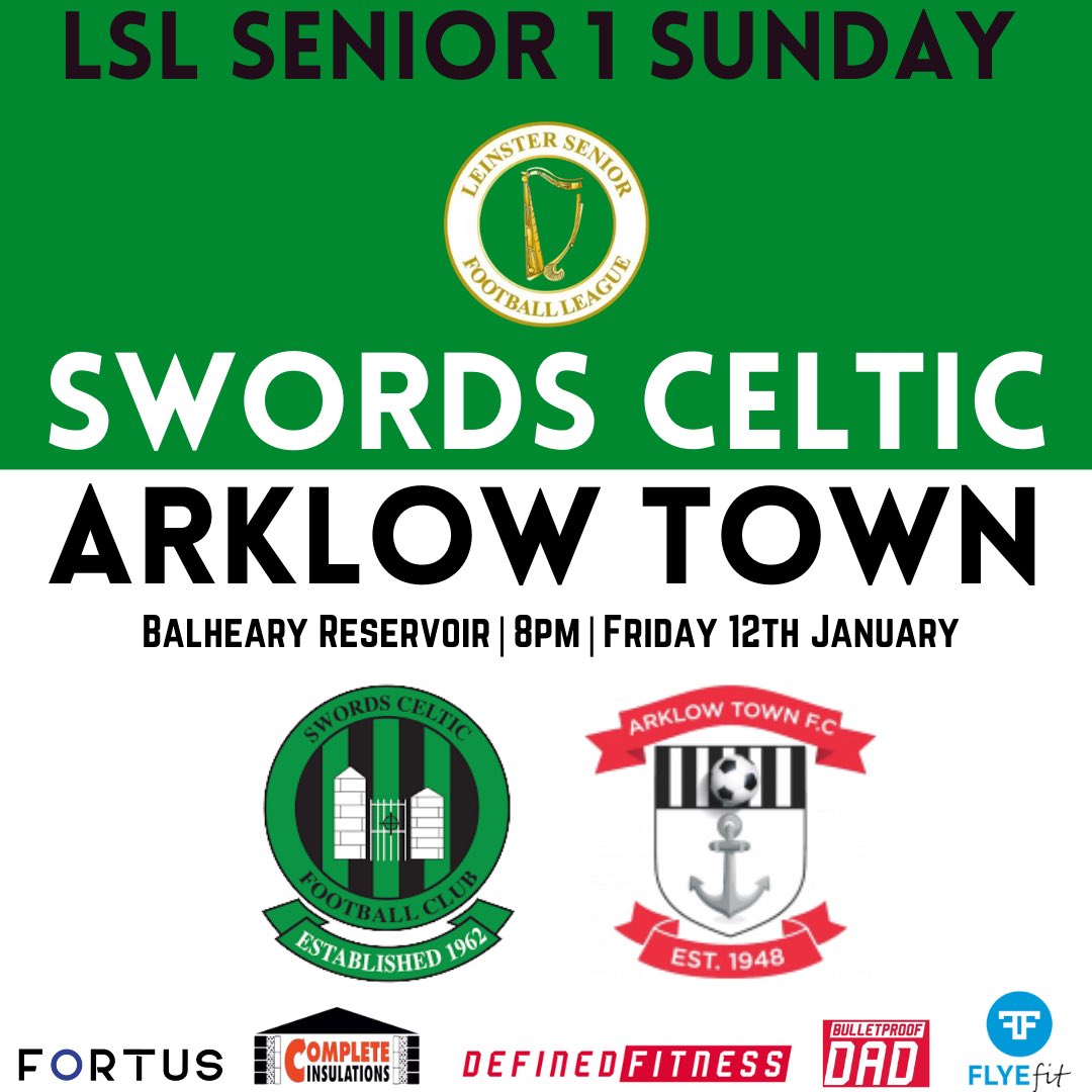🚨 FIXTURE 🚨 

🏆 LSL Senior 1 Sunday 
⚽️ <a href="/ArklowTownFC1/">Arklow Town FC</a> 
🗓 Friday 12th January 
⏰ 8pm
🏟 Balheary Reservoir 

All support would be greatly appreciated to cheer on the lads for what will be our first home game of 2024 🤝

🟢⚫️⚔️🟢⚫️ 

#lsllivescore