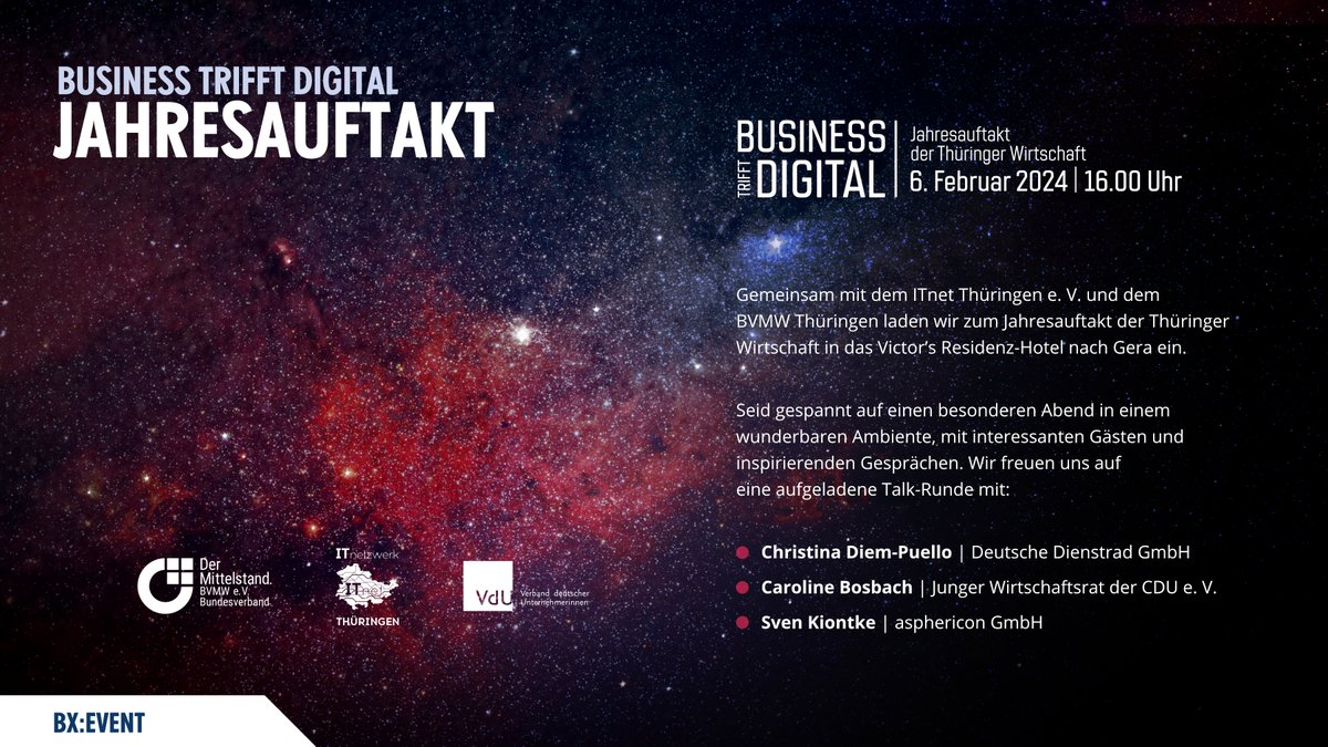 Das neue Jahr beginnt mit einem Event-Highlight. 😊 Am 6. Februar 2024 werden wir gemeinsam mit dem <a href="/ITnet_TH/">ITnet Thüringen e.V.</a> und dem BVMW Thüringen das Jahr begrüßen und laden zum Jahresauftakt der Thüringer Wirtschaft ein. 🚀 #batix #bx #saalfeld #software #batixsoftware #event #savethedate