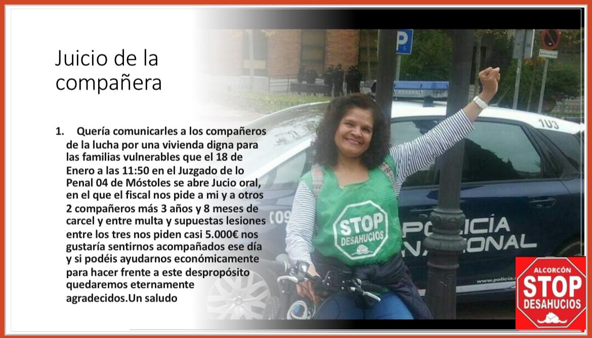 Nuestra compañera junto a 2 compás más,s enfrenta a 3 años y 8 meses d carcel el 18 d Enero a las 11:50 en el juzgado d Móstoles, xq en 2019 estaba apoyando a una FAMILIA VULNERABLE d #alcorcon q iba hacer desahuciada ahora la q necesita d vuestro apoyo es ella
#justiciasocial