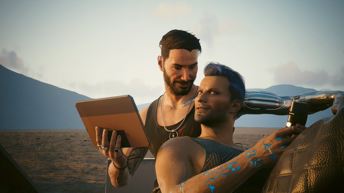 Blizzardforce's tweet photo. A day in the badlands
#Cyberpunk2077 #SilverV
#VinceSmidt #JohnnySilverhand #OTPBluerockerboy https://t.co/RPQV6kvbxh