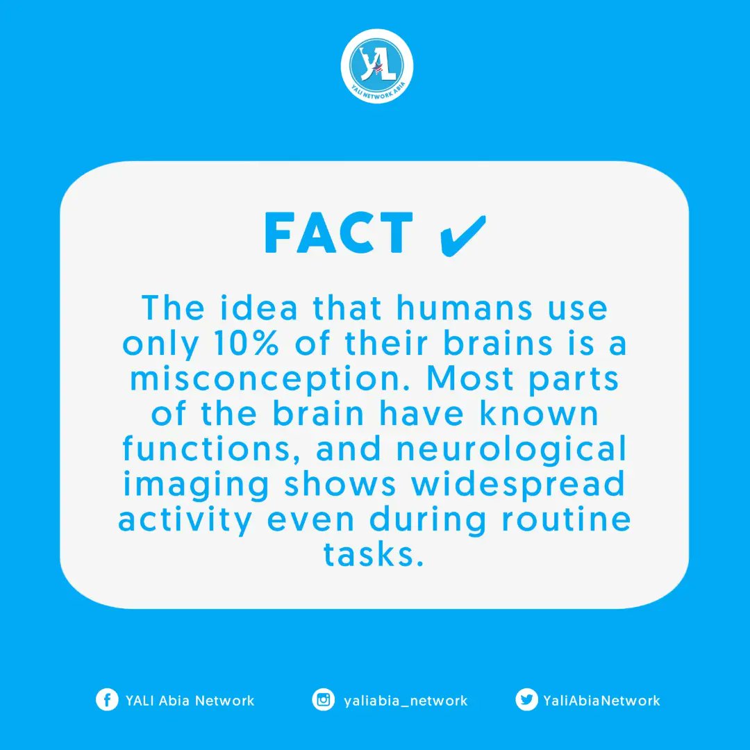 Do People Use Only 10% Of Their Brain?

Fact: The idea that humans use only 100% of their  Brain is a misconception. Most parts of the Brain have known functions and neurological imaging shows widespread activity even during routine tasks.
#Mythandfact
#thebrain
#Friday
#yaliabia