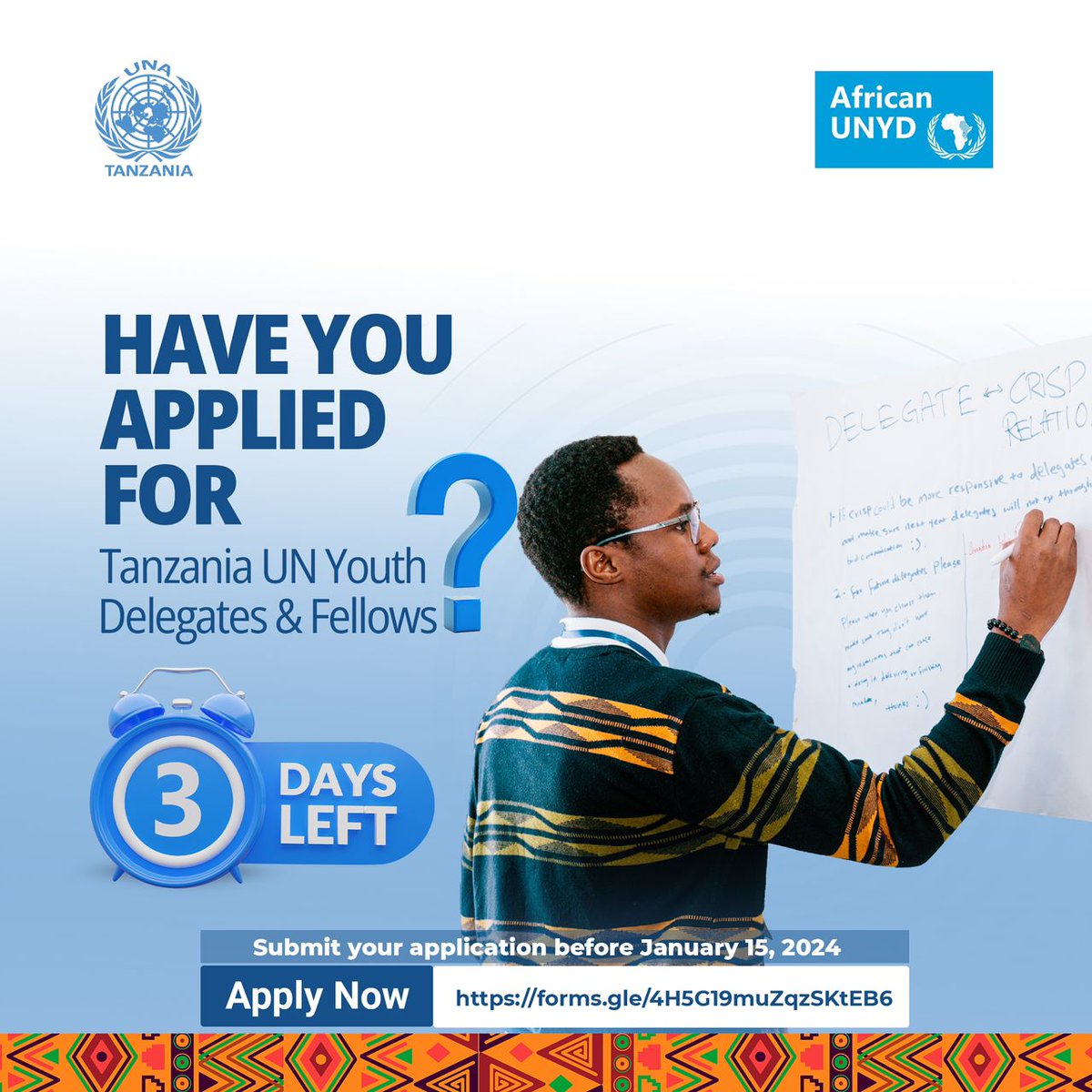 Passionate about global change? 🌍 Ready to be the voice of youth at the UN? 

Applying for the Tanzania UN Youth Delegate & Fellows opportunity – 3 days to make a difference!⏳

Apply 🔗: forms.gle/4H5G19muZqzSKt…

Deadline 🛑:15th January 2024

#AUNYDTz
#AUNYD2024