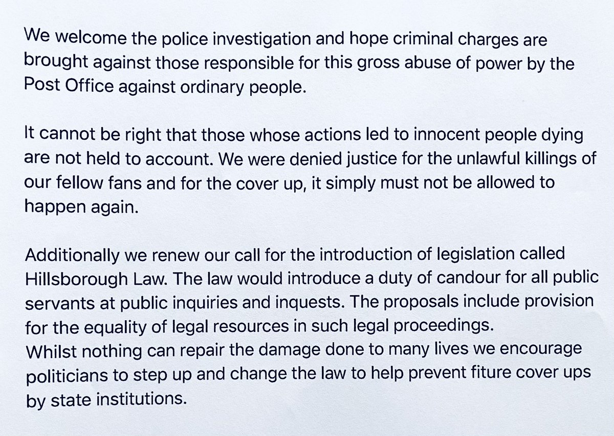 Statement from the Hillsborough Survivors Association (HSA) in support of those impacted by the Post Office scandal / the latest establishment cover-up #HillsboroughLawNow