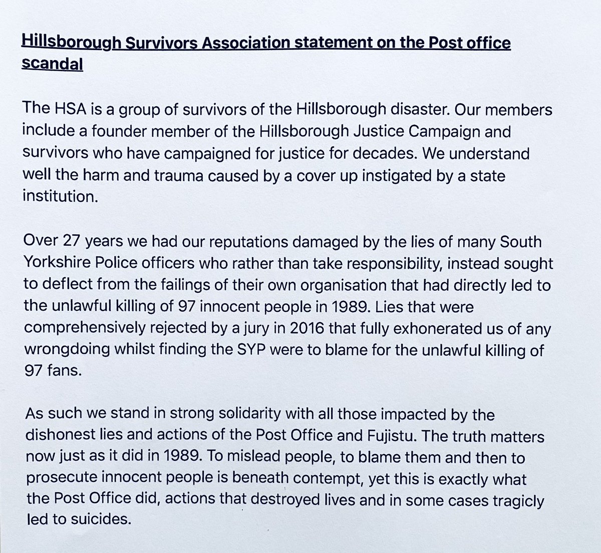_H_S_A's tweet photo. Statement from the Hillsborough Survivors Association (HSA) in support of those impacted by the Post Office scandal / the latest establishment cover-up #HillsboroughLawNow https://t.co/aQvbog0C5l